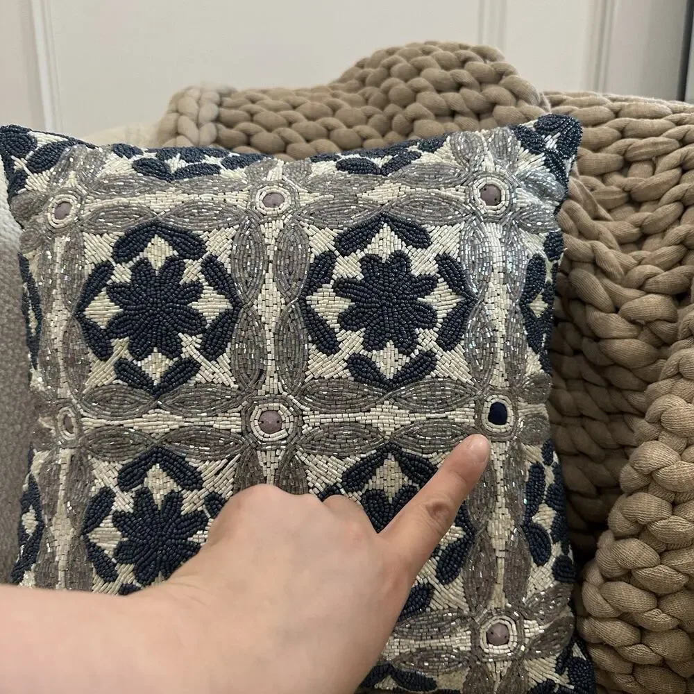 Pier 1 Imports Throw Pillow 13” Square Blue White Silver Beaded Geometric